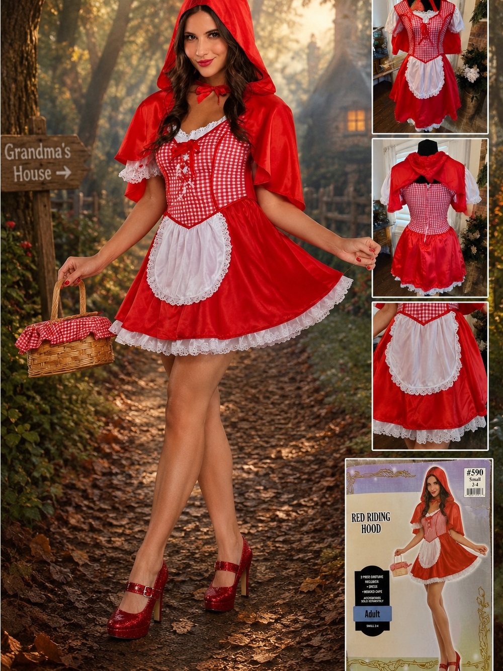 Red Riding Hood Costume #590 Adult Small 2-4 Red Gingham Dress Hooded Cape